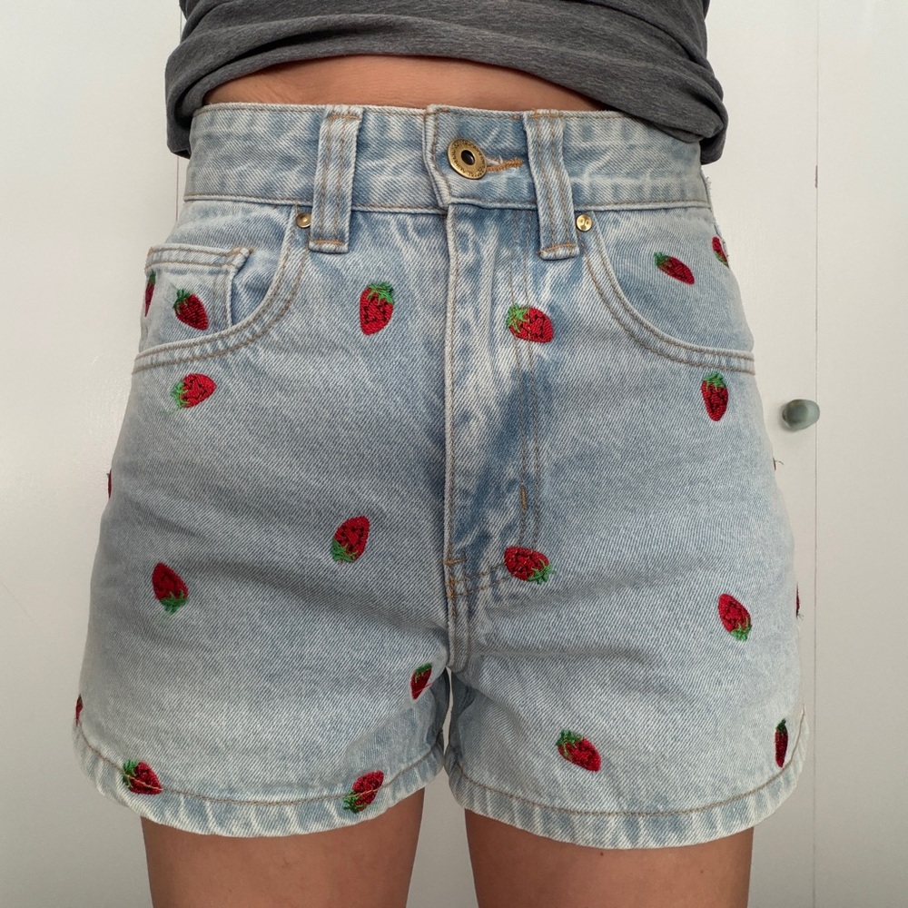 Cotton On Light Blue Denim Shorts with Red Strawberry Embroidery